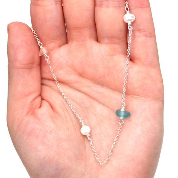 Aqua and Pink Sea Glass and Pearl 4 Stone Anklet on model for color reference.