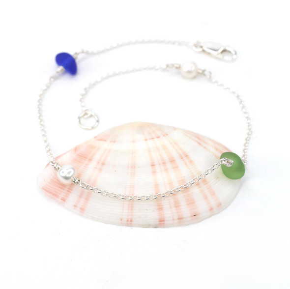 Tropical Bright Sea Glass and Pearl 4 Stone Anklet
