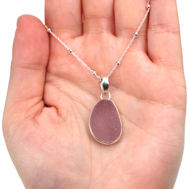Lavender Ice Sea Glass Single Bezel Necklace on model for color reference.