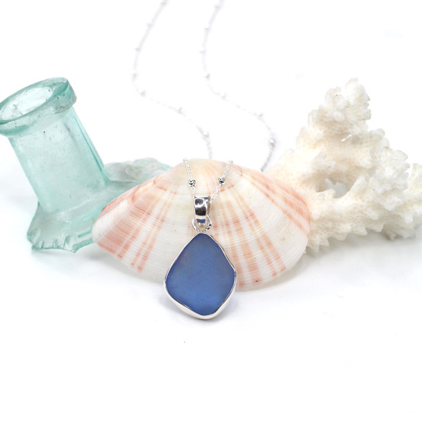 Cornflower Sea Glass Single Bezel Necklace