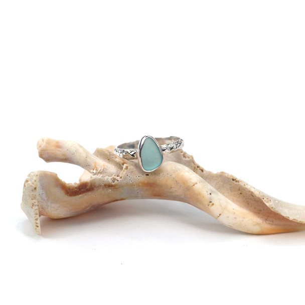 Aqua Sea Glass Stack Ring - Size 8