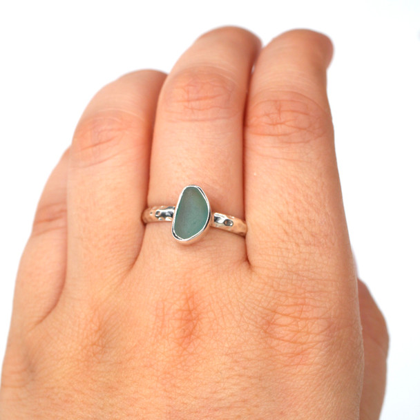 Aqua Sea Glass Stack Ring - Size 10 on model for color reference.