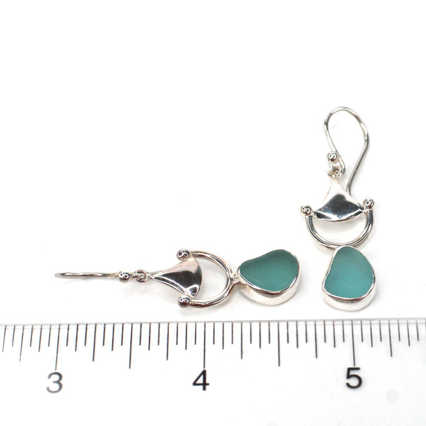 Aqua Sea Glass Bit Earrings on ruler for size reference.