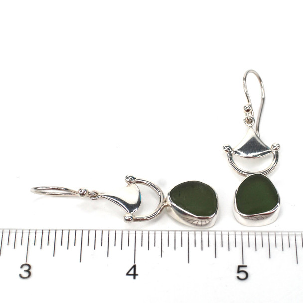 Olive Sea Glass Bit Earrings on ruler for size reference.