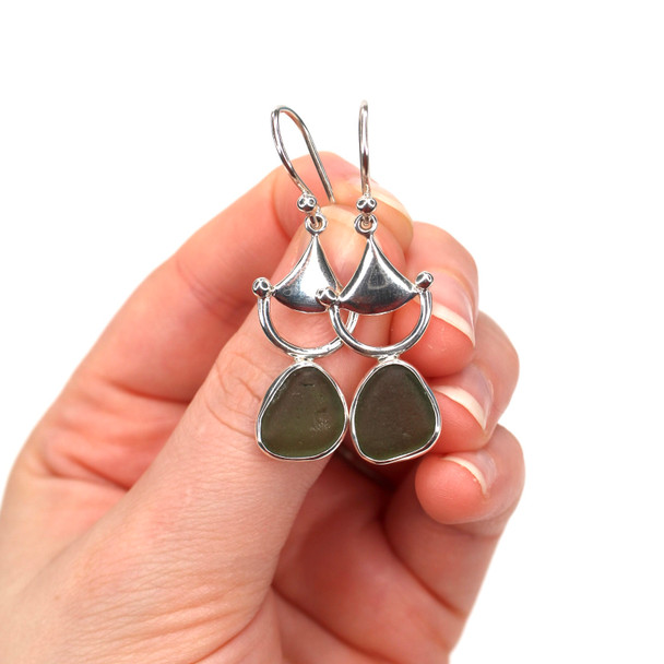 Olive Sea Glass Bit Earrings on model for color reference.