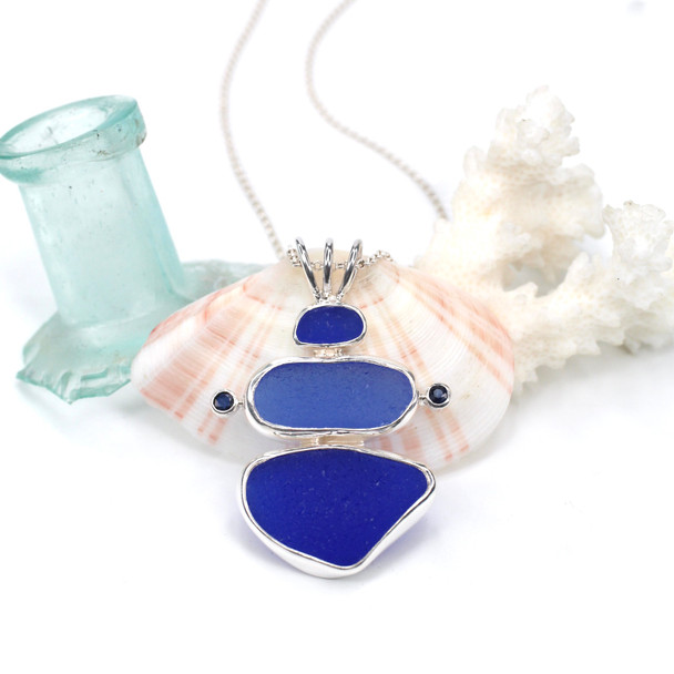 Cobalt and Cornflower Sea Glass and Sapphire Tidal Trio Necklace