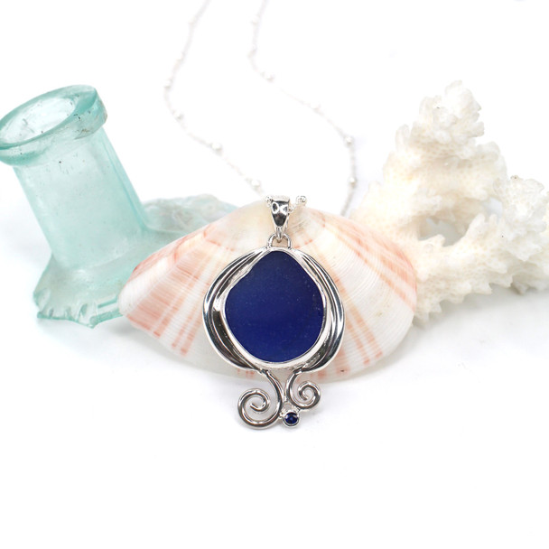 Cobalt Sea Glass and Sapphire Ocean Curl Necklace