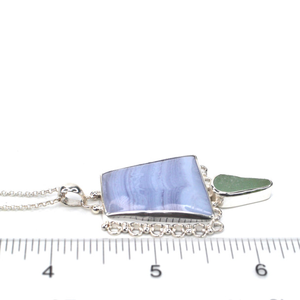 Seafoam Sea Glass and Lace Agate Delicate Shore Necklace on ruler for size reference.