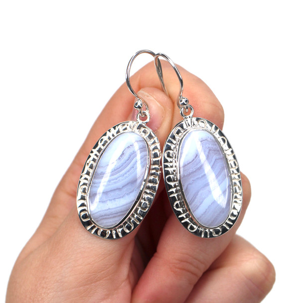 Lace Agate Tides Enchanted Cove Earrings on model for color reference.