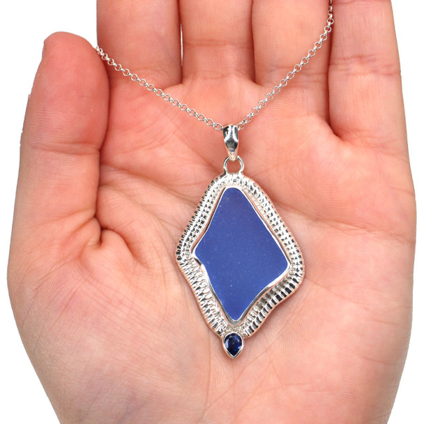 Cornflower Sea Glass and Sapphire Etched Royal Necklace on model for color reference.
