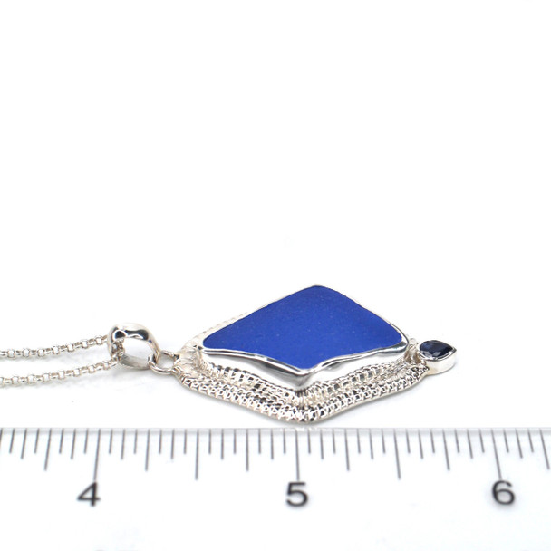 Cornflower Sea Glass and Sapphire Etched Royal Necklace on ruler for size reference.