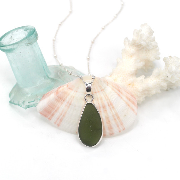 Olive Elongated Sea Glass Single Bezel Necklace