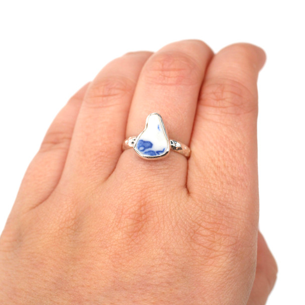 Blue and White Sea Pottery Stack Ring- Size 6 on model for color reference.