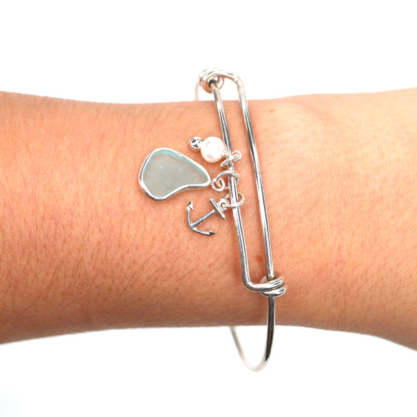 Aqua Sea Glass Adjustable Anchor Charm Bangle Bracelet on model for color reference.