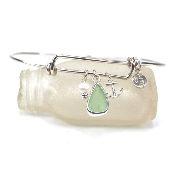 Seafoam Bright Sea Glass Adjustable Anchor Charm Bangle Bracelet