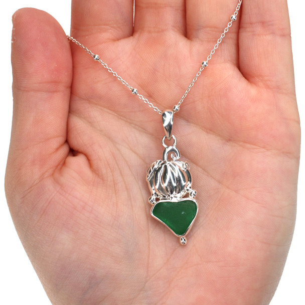Green Forest Sea Glass Double Pumpkin Necklace on model for color reference.