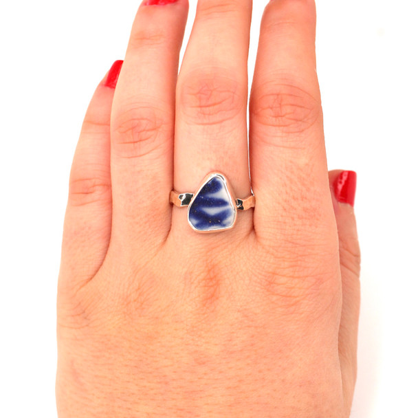 Blue and White Palm Leaf Sea Pottery Wave Ring - Size 9 on model for color reference. 