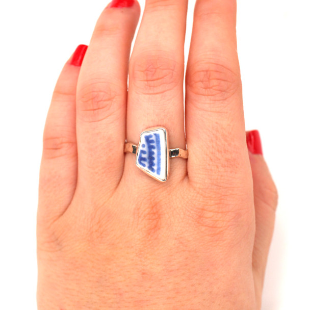 Blue and White Tropical Leaf Sea Pottery Wave Ring - Size 9 on model for color reference. 