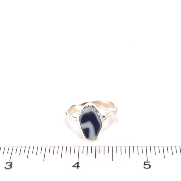 Blue and White Striped Sea Pottery Wave Ring - Size 9 on ruler for size reference. 
