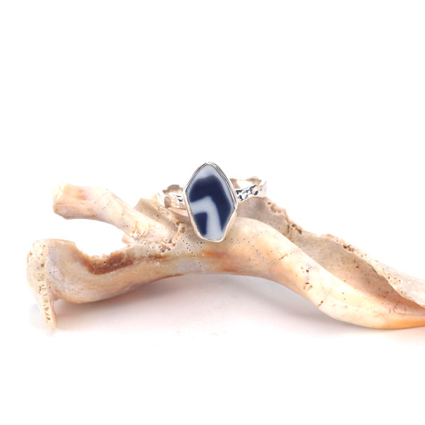 Blue and White Striped Sea Pottery Wave Ring - Size 9