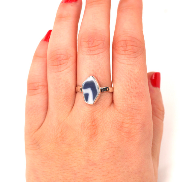 Blue and White Striped Sea Pottery Wave Ring - Size 9 on model for color reference. 