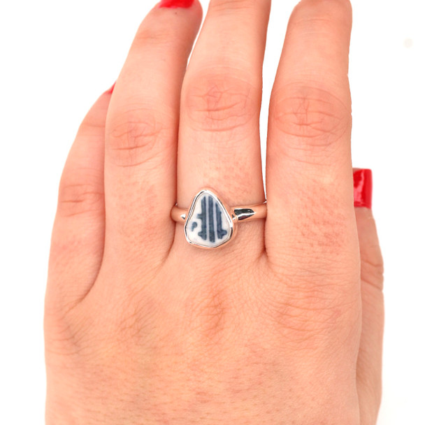 Blue and White Maze Sea Pottery Sleek Ring - Size 9 on model for color reference. 