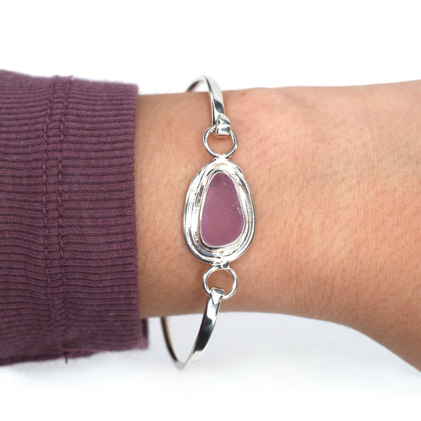 Purple Sea Glass Nest Hinge Bangle Bracelet on model for color reference.