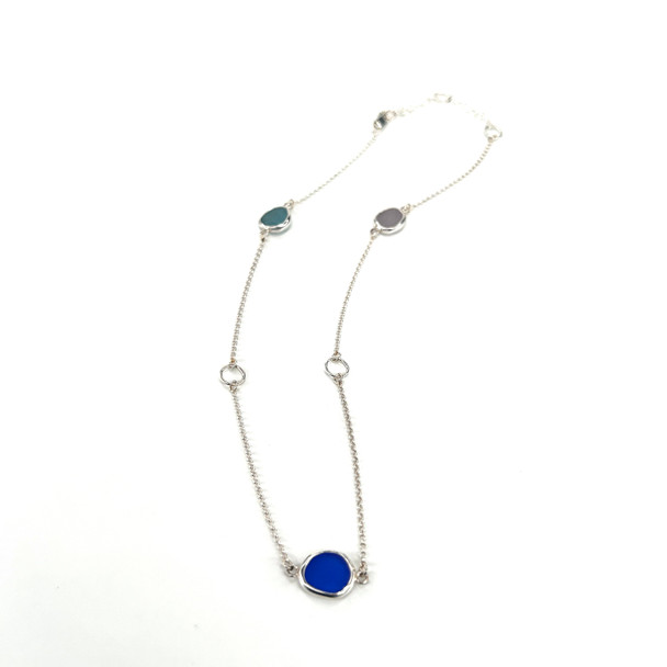 Berry Blues 3 Stone Sea Glass 16"-18" Lariat Necklace