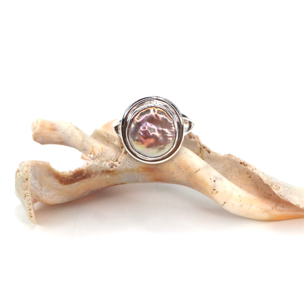 Purple Shimmer Coin Pearl Double Bezel Split Band Ring - Size 9