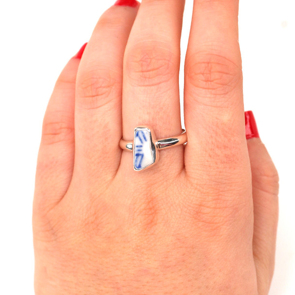 Blue and White Geometric Pattern Sea Pottery Sleek Ring - Size 9 on model for color reference. 
