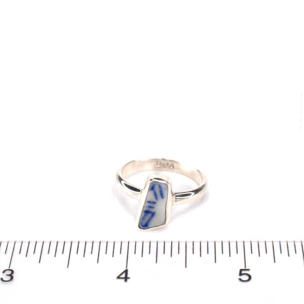 Blue and White Geometric Pattern Sea Pottery Sleek Ring - Size 9 on ruler for size reference. 