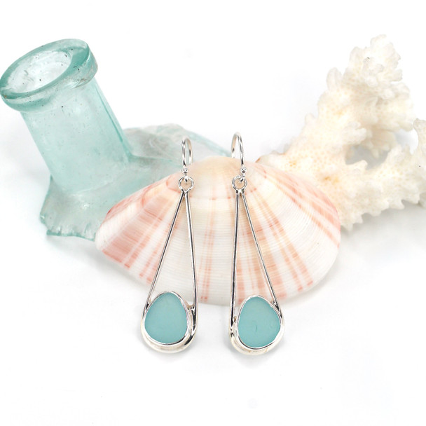 Aqua Sea Glass Lunar Drop Earrings