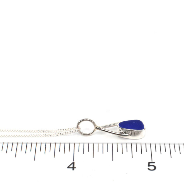 Cobalt Oval Sea Glass Lunar Drop Charm on ruler for size reference. 