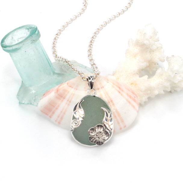Seafoam Ice Sea Glass Forget Me Not Garden Necklace