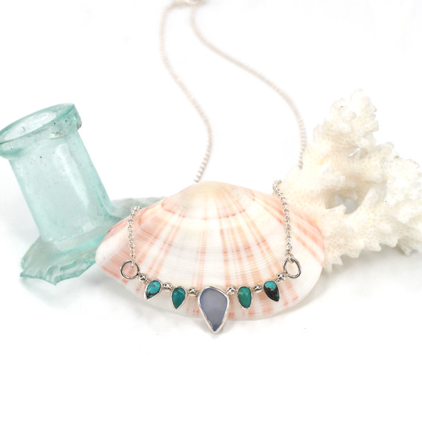 Cornflower Sea Glass and Turquoise 5 Piece Points Necklace 16"-18" Length