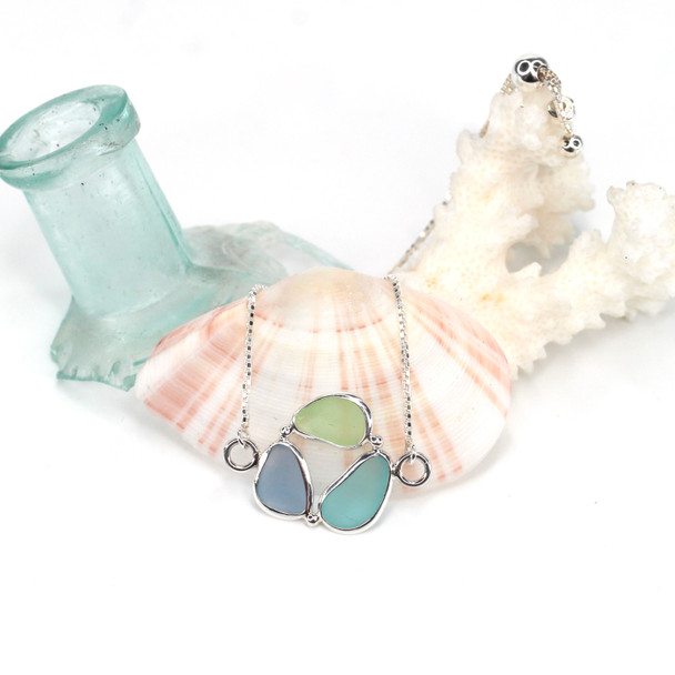 Cornflower Mist Sea Glass Bezel Wrap Circle of Life Adjustable Bracelet