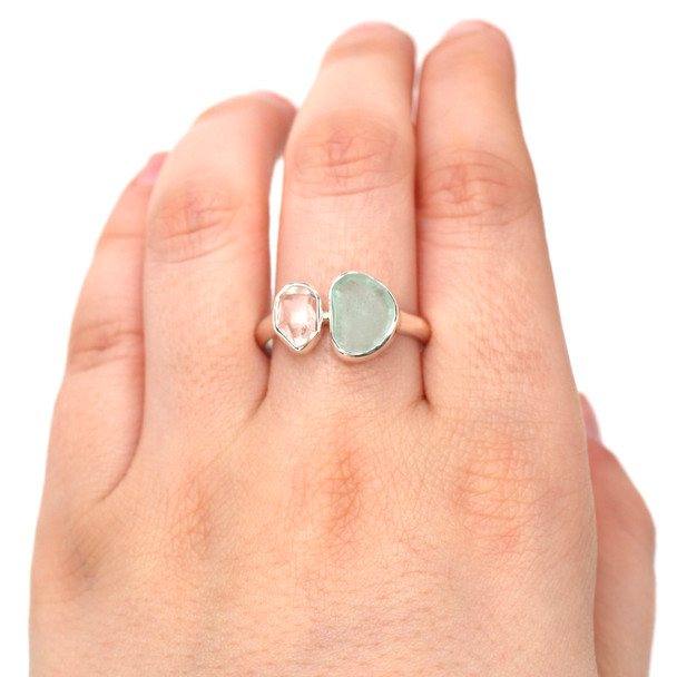 Aqua Light Sea Glass and Herkimer Diamond Double Ring - Size 9 on model for color reference.
