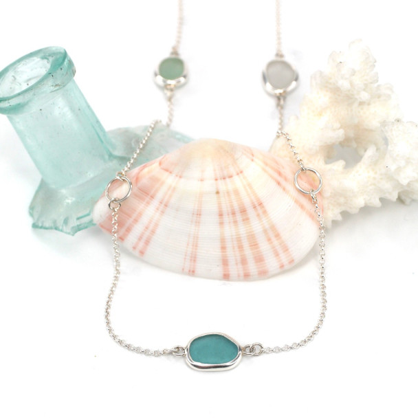 Sky 3 Stone Sea Glass 16"-18" Lariat Necklace