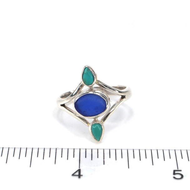 Cobalt Sea Glass and Turquoise Teardrop Ring - Size 9 on ruler for size reference. 