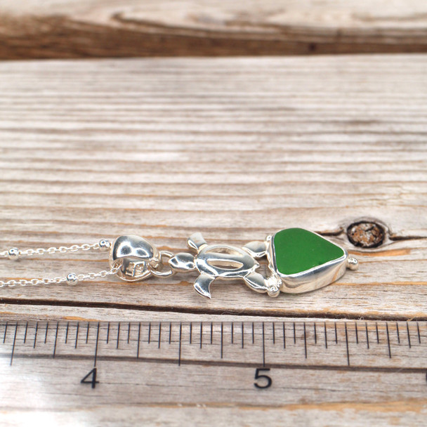 Insta Sale Green Sea Glass Tiny Turtle Drop Necklace - MM on ruler for size reference. 