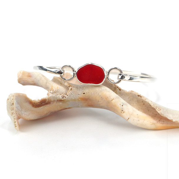 Red Bright Sea Glass Bezel Bangle Bracelet