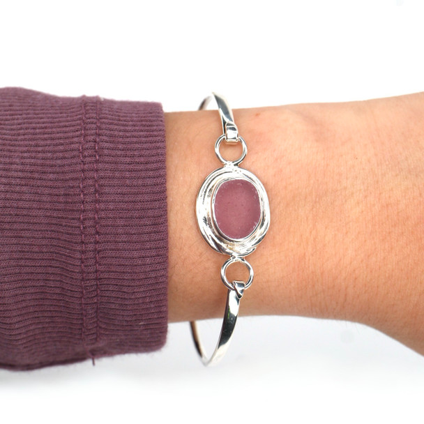 Purple Perfect Oval Sea Glass Nest Hinge Bangle Bracelet on model for color reference.