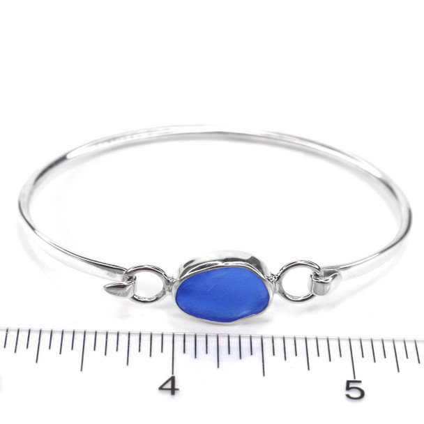 Cobalt Bright Sea Glass Hinge Bangle Bracelet on ruler for size reference. 