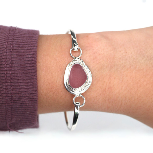 Purple Triangle Sea Glass Nest Hinge Bangle Bracelet on model for color reference.