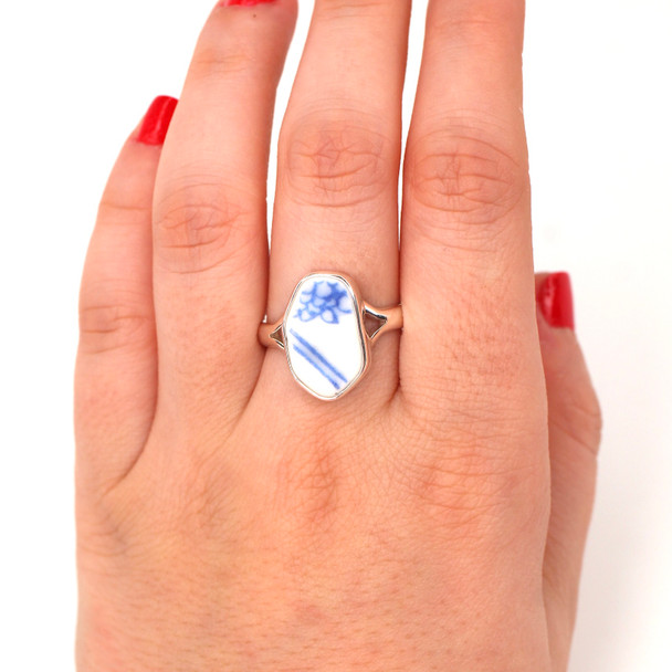 Blue and White Sea Pottery Split Flower Band Ring - Size 9 on model for color reference. 