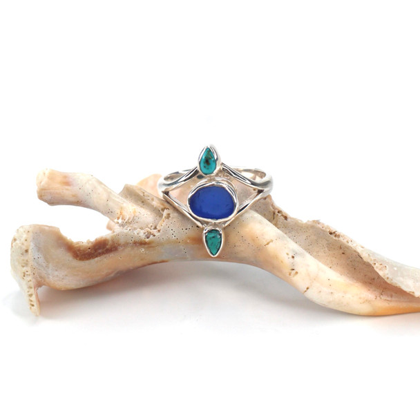 Cobalt Round Sea Glass and Turquoise Teardrop Ring - Size 9