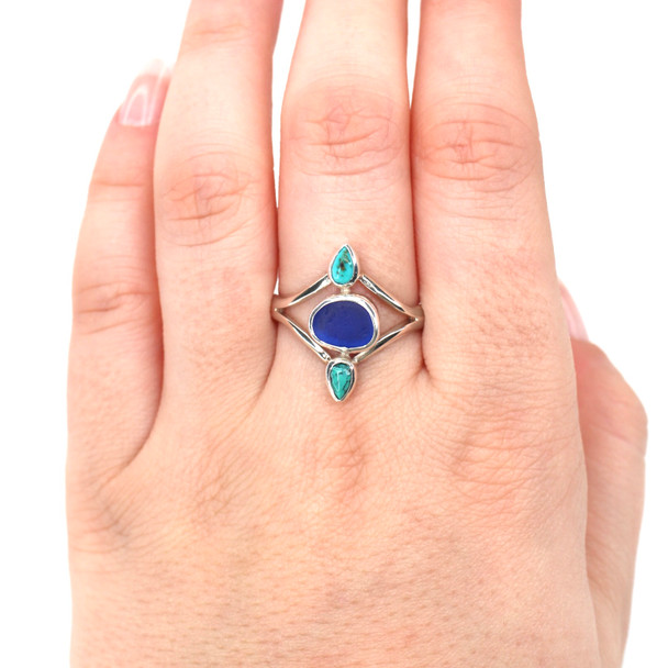 Cobalt Round Sea Glass and Turquoise Teardrop Ring - Size 9 on model for color reference. 