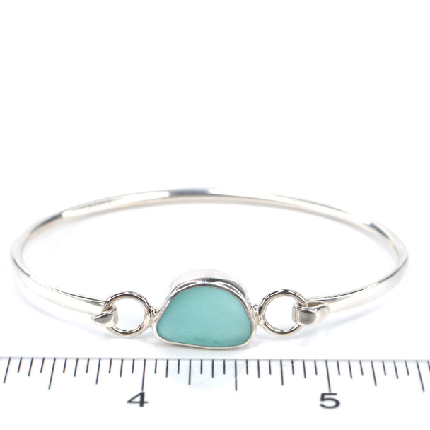 Aqua Gumdrop Sea Glass Bezel Bangle Bracelet on ruler for size reference.