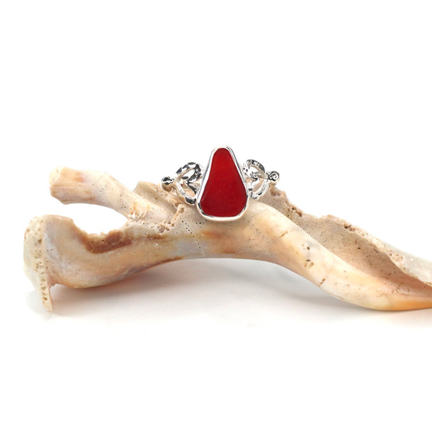 Red Scarlet Sea Glass Double Heart Ring - Size 9