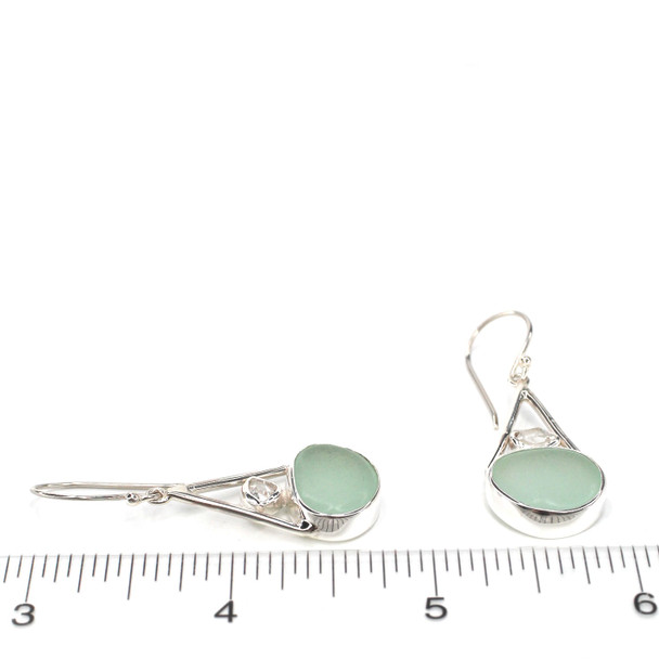 Seafoam Sea Glass and Herkimer Diamond Double Lunar Drop Earrings on ruler for size reference.